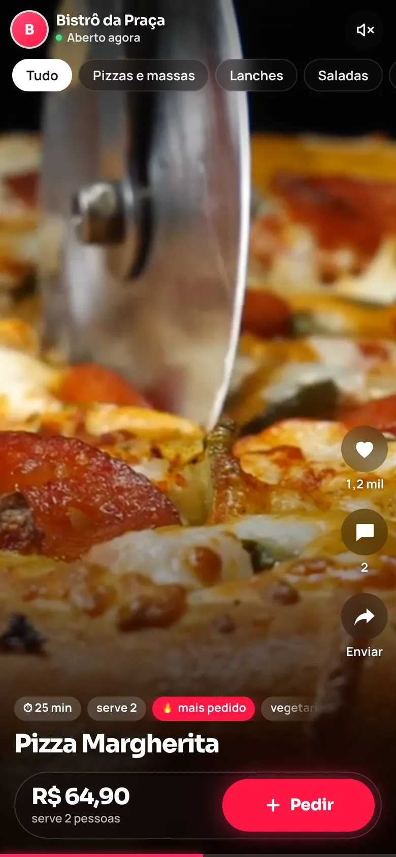 Feed do cardápio no celular: vídeo da pizza com preço e botão Pedir