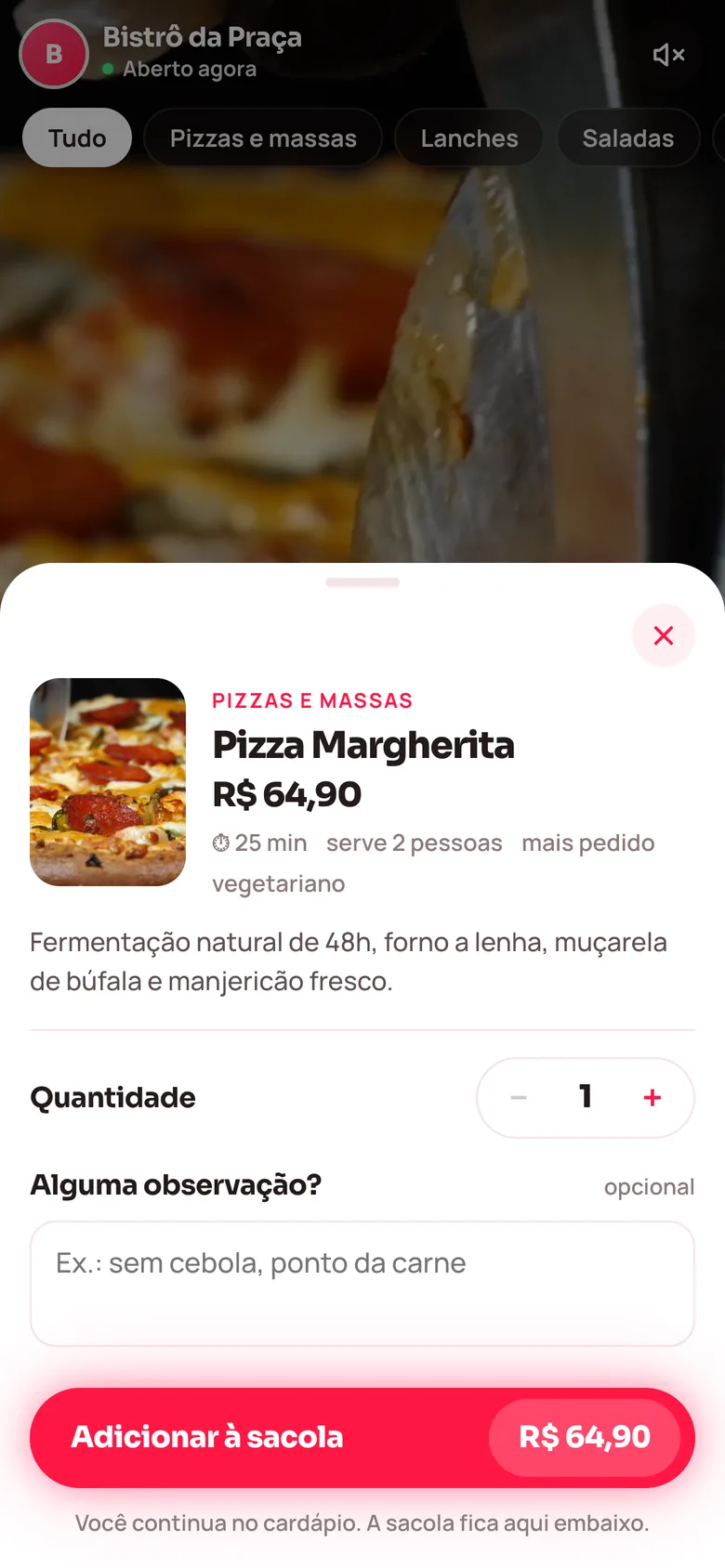 Pedido aberto no celular: quantidade, observação e Adicionar à sacola