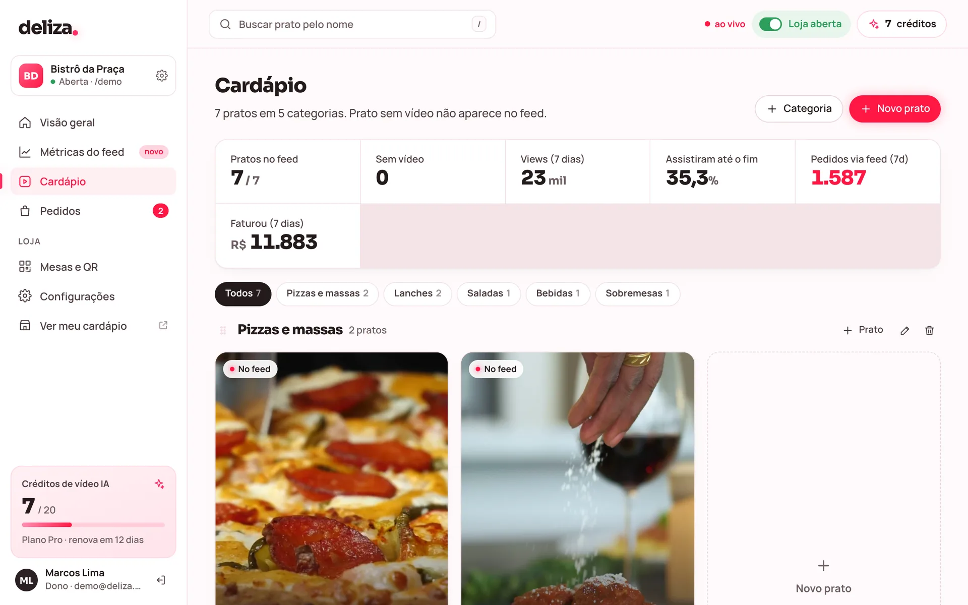 Cardápio do painel com os pratos em vídeo, views e pedidos via feed