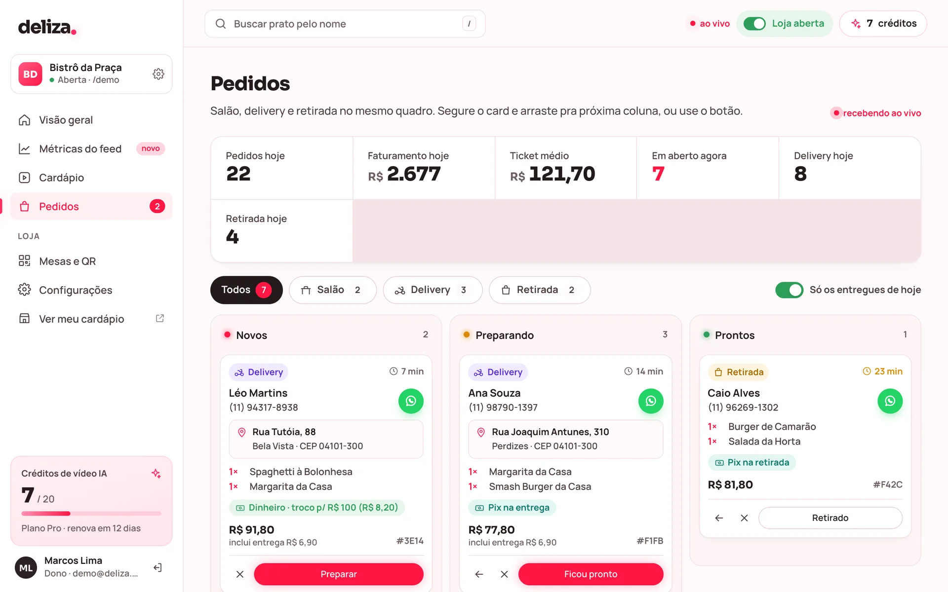 Quadro de pedidos com salão, delivery e retirada: novos, preparando e prontos
